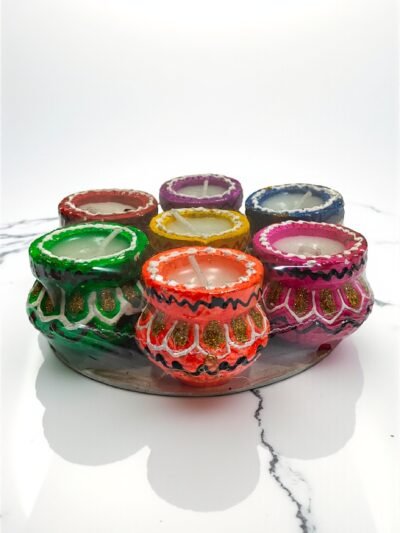 Set of 7 Terracotta Matki Clay Diya with Wax Candles | Handcrafted Multicolor Diyas for Diwali, Puja & Home Decoration – Utsav India