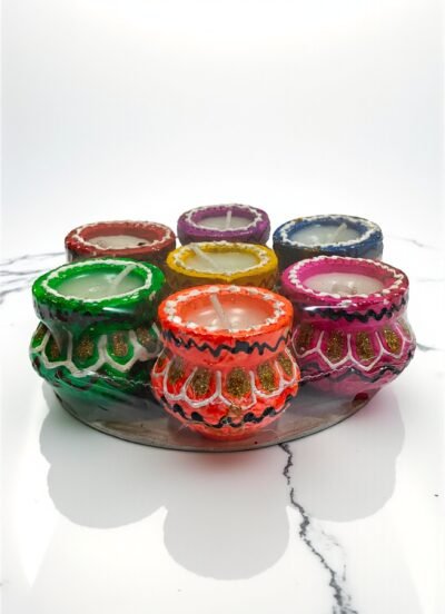 Set of 7 Terracotta Matki Clay Diya with Wax Candles | Handcrafted Multicolor Diyas for Diwali, Puja & Home Decoration – Utsav India