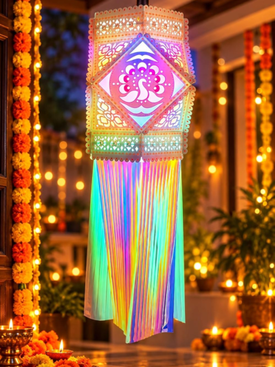 Utsav India Large Rainbow Akashdeep Diwali Kandil | Self-Assemble Multicolour Glitter Paper Lantern | Traditional & Modern Shiny Diwali Lantern for Home Décor – Set of 1 (AD424)