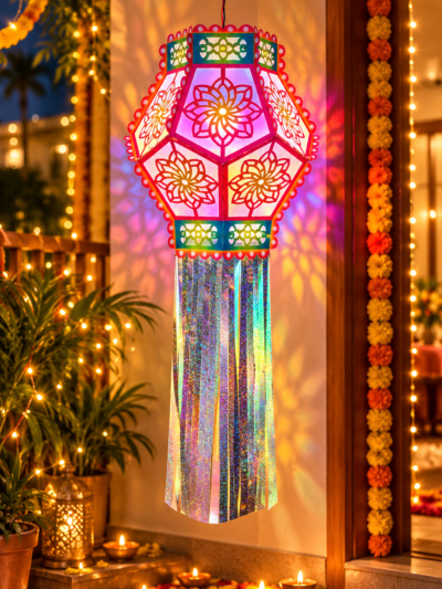 Utsav India Big Shatkoni Rainbow Diwali Kandil | Self-Assemble Shiny Reflective Paper Lantern | Traditional & Modern Decorative Hanging Festival Lamp – Set of 1 (AD148)