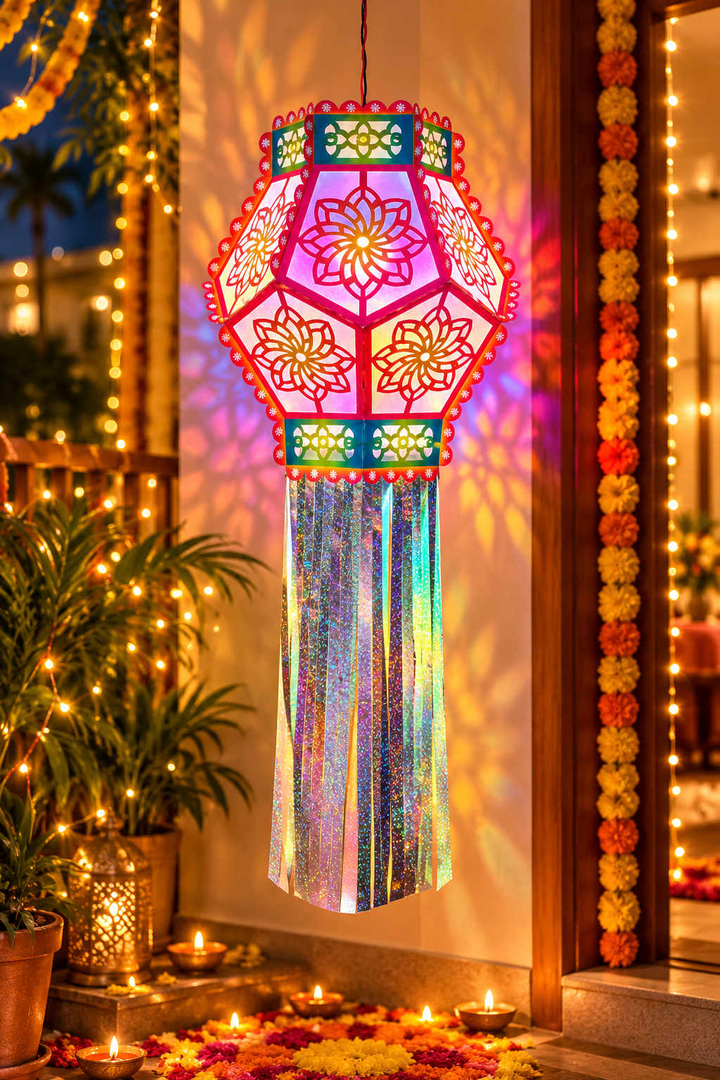 Utsav India Big Shatkoni Rainbow Diwali Kandil | Self-Assemble Shiny Reflective Paper Lantern | Traditional & Modern Decorative Hanging Festival Lamp – Set of 1 (AD148)