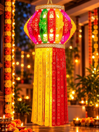 Utsav India Self Assemble Golden Stamping Velvet Pakhli Diwali Kandil Lantern with Golden Tikli Work | Eco Friendly Traditional Hanging Decoration for Home & Balcony | Set of 1 (AD476)