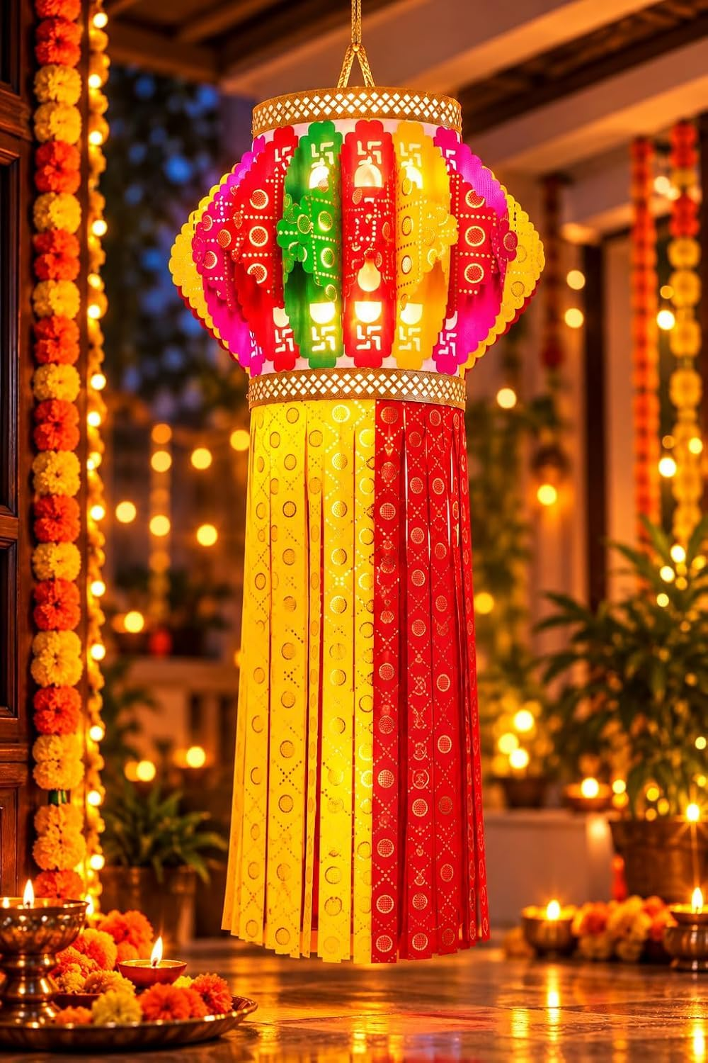 Utsav India Self Assemble Golden Stamping Velvet Pakhli Diwali Kandil Lantern with Golden Tikli Work | Eco Friendly Traditional Hanging Decoration for Home & Balcony | Set of 1 (AD476)