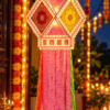 Utsav India Self Assemble Printed Eco Friendly Silk Cloth Diwali Kandil Lantern with Golden Handwork Embroidery | Traditional Hanging Light Decoration for Home Balcony | Set of 1 (AD462)