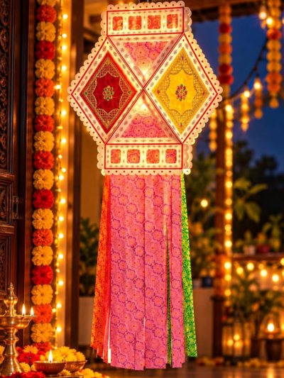 Utsav India Self Assemble Printed Eco Friendly Silk Cloth Diwali Kandil Lantern with Golden Handwork Embroidery | Traditional Hanging Light Decoration for Home Balcony | Set of 1 (AD462)