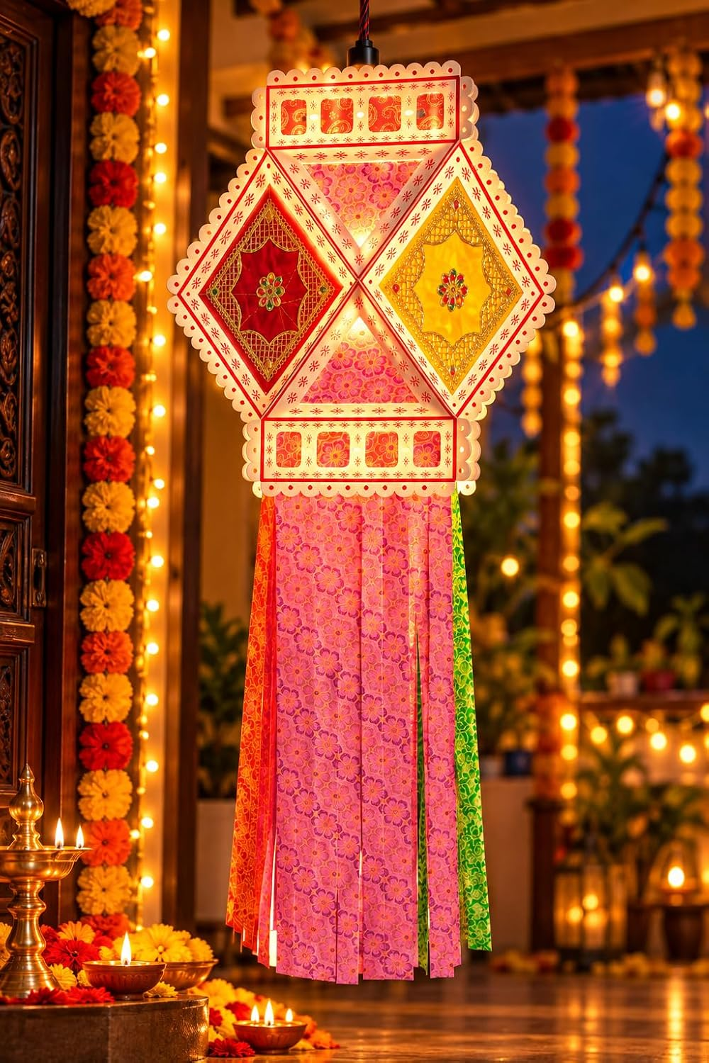 Utsav India Self Assemble Printed Eco Friendly Silk Cloth Diwali Kandil Lantern with Golden Handwork Embroidery | Traditional Hanging Light Decoration for Home Balcony | Set of 1 (AD462)