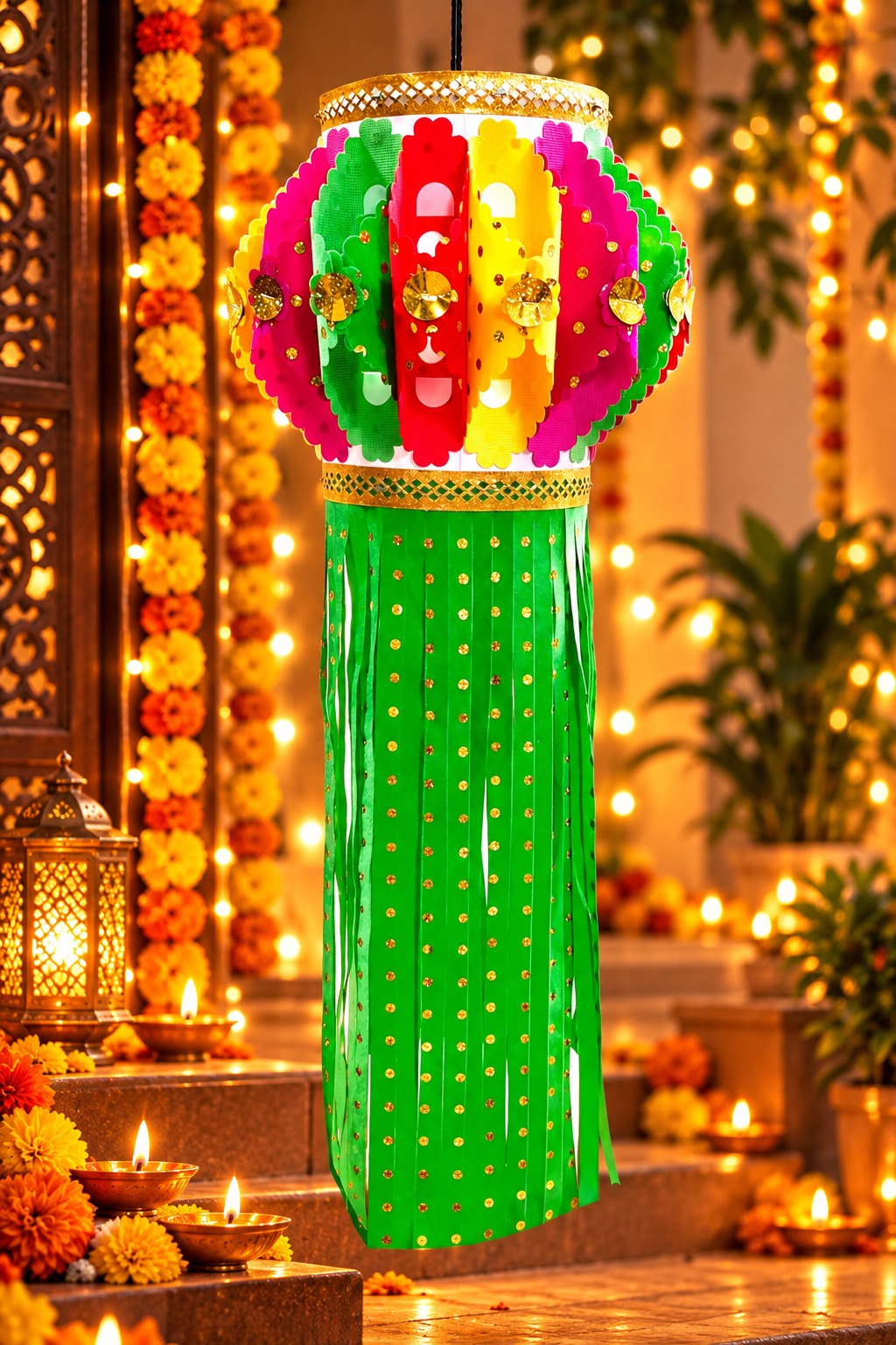 Utsav India Self-Assemble Eco-Friendly Velvet With Golden Work Diwali Lantern | Eco-Friendly Velvet Finish Aakash Kandil (AD455)